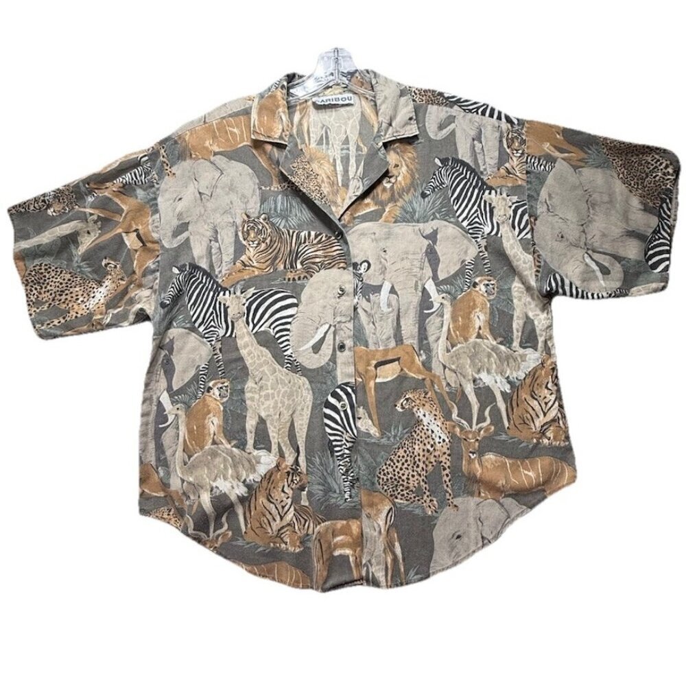 Vintage 80s Caribou Brand Hawaiian Shirt Women's Sz 14 African Animal Safari